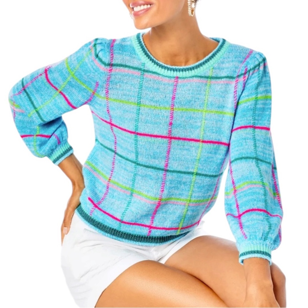 LN Lilly Pulitzer Hali Seabreeze Blue Playful Plaid Pullover Sweater - L